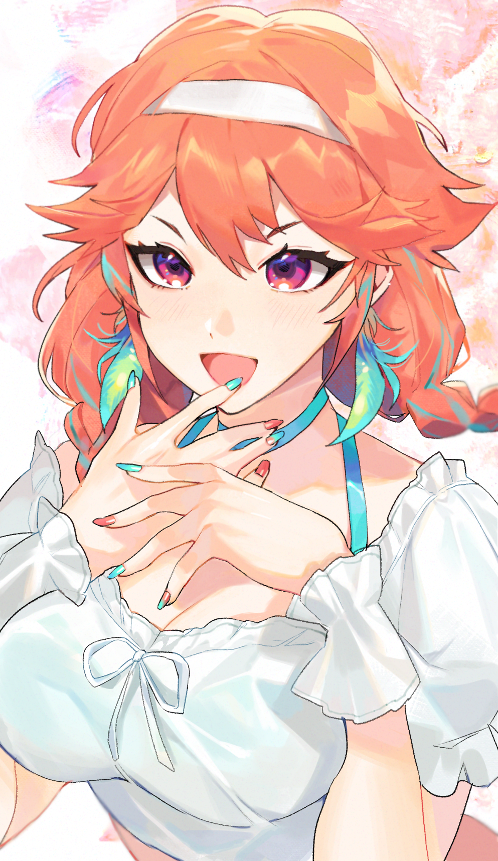 1girl alnyak breasts choker cleavage earrings feather_earrings feathers hairband highres hololive hololive_english jewelry large_breasts looking_at_viewer multicolored_nails open_mouth orange_hair purple_eyes see-through see-through_shirt simple_background takanashi_kiara virtual_youtuber white_hairband