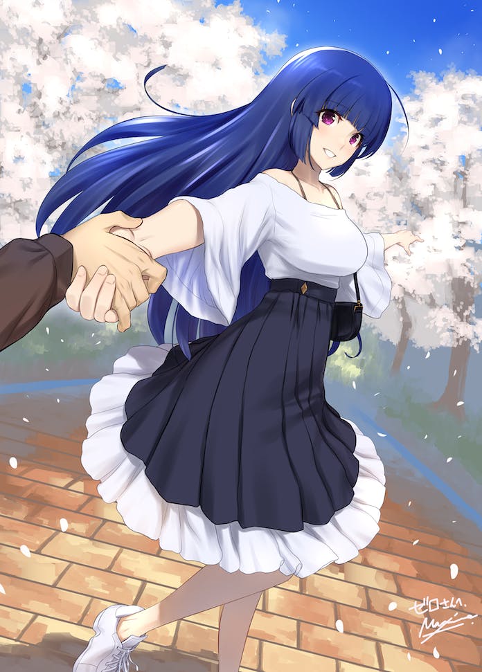 bag black_skirt blue_hair bra_strap breasts commission dark_blue_hair floating_hair handbag holding_hands jpeg_artifacts light_blush long_hair makishima_azusa medium_breasts muvluv muvluv_unlimited:_the_day_after off-shoulder_shirt off_shoulder parted_lips petals pink_eyes pointing sendou_yuzuka shirt shoes signature skeb_commission skirt smile sneakers tatsunami_hibiki tree very_long_hair white_footwear white_shirt