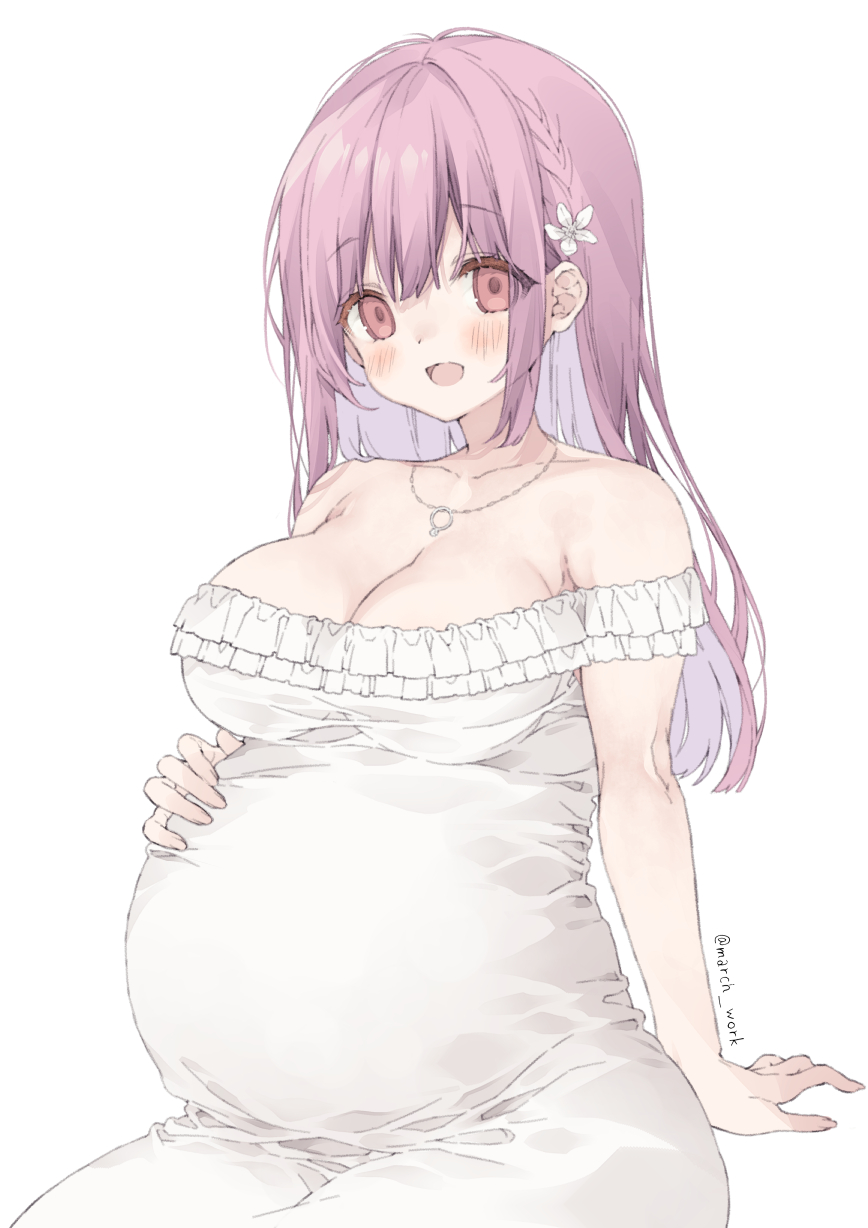 1girl arm_support bangs blush breasts dress flower frilled_dress frills hair_flower hair_ornament hand_on_own_stomach highres hinako_note jewelry large_breasts long_hair march-bunny motherly necklace open_mouth pink_eyes pink_hair pregnant sakuragi_hinako sitting smile solo straight_hair twitter_username white_dress white_flower