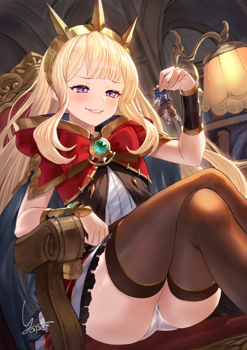 1boy 1girl bangs black_thighhighs blonde_hair blunt_bangs blush brooch cagliostro_(granblue_fantasy) cape commission crossed_legs crown fighter_(granblue_fantasy) gem gran_(granblue_fantasy) granblue_fantasy grin hairband highres holding indoors jewelry long_hair looking_at_another miniboy panties pantyshot purple_eyes red_skirt sitting size_difference skeb_commission skirt smile solo_focus spiked_hairband spikes thighhighs throne tiara underwear very_long_hair vial white_panties yapo_(croquis_side) zettai_ryouiki