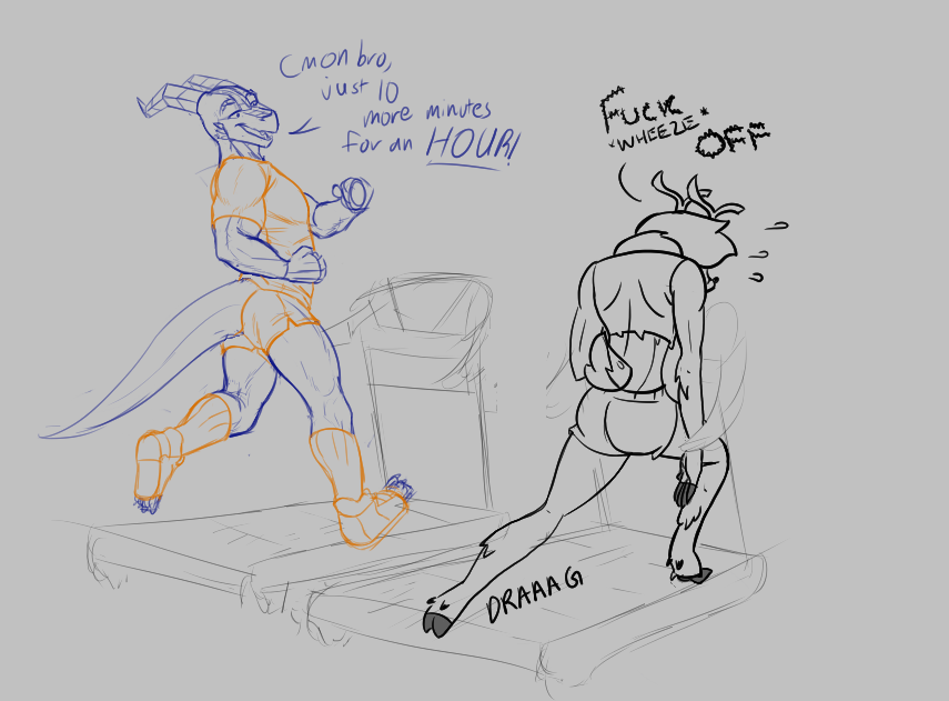 anthro antlers butt cervid clothed clothing dialogue dragon duo english_text exercise horn male mammal monochrome muscular muscular_male narija rear_view running seven_(artist) simple_background sketch text treadmill white_background