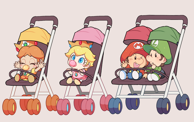 2boys 2girls arms_up baby baby_daisy baby_luigi baby_mario baby_peach blonde_hair blue_eyes blue_pants blush blush_stickers brothers brown_hair closed_eyes crown dress eyelashes full_body gem green_gemstone green_headwear green_shirt grey_background hat hoshikuzu_pan looking_at_another looking_up luigi mario mario_(series) multiple_boys multiple_girls open_mouth orange_dress overalls pacifier pants pink_dress princess_daisy princess_peach red_gemstone red_headwear red_shirt shirt shoes short_hair short_sleeves siblings simple_background sitting smile stroller white_footwear