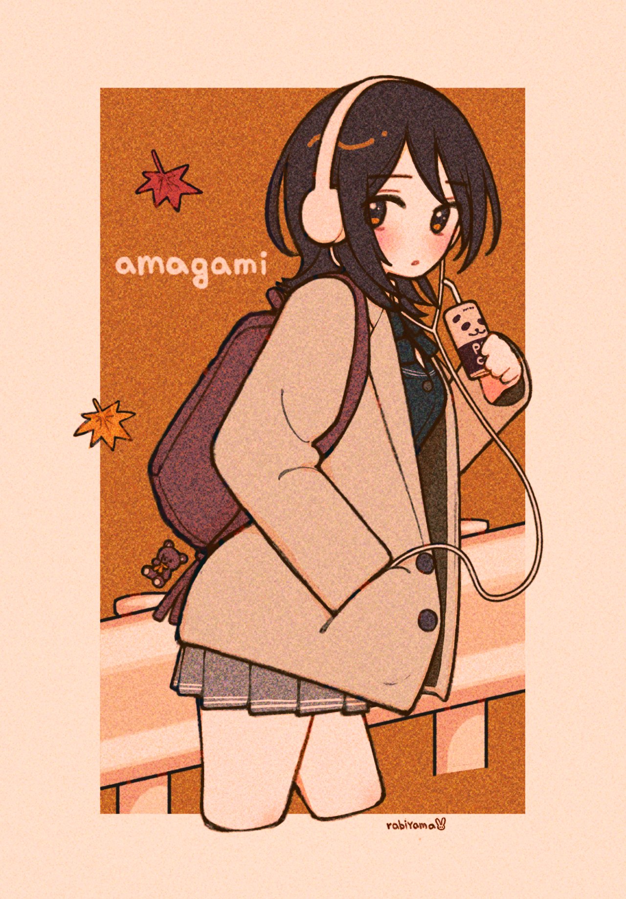 aged_down amagami artist_name backpack bag bangs black_bow black_bowtie black_jacket blush bow bowtie brown_eyes brown_hair brown_jacket can commentary copyright_name cowboy_shot cropped_legs drink drinking_straw falling_leaves from_side grey_skirt guard_rail hand_in_pocket headphones highres holding holding_can holding_drink jacket kibito_high_school_uniform leaf looking_at_viewer looking_to_the_side maple_leaf orange_background outside_border panda parted_lips pleated_skirt rabbit rabiyamarabi romaji_text school_uniform short_hair skirt stuffed_animal stuffed_toy takahashi_maya teddy_bear texture walking