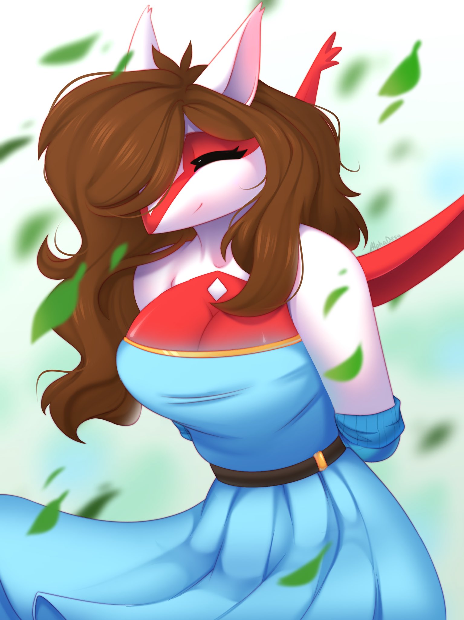 alphadesu anthro belt breasts cleavage clothed clothing dress eyes_closed female fully_clothed generation_3_pokemon hands_behind_back happy hi_res latias leaf legendary_pokemon lilith_(wigglebuttlilith) nintendo pokemon pokemon_(species) red_body smile solo video_games white_body wings