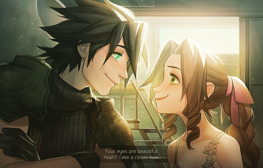 1boy 1girl aerith_gainsborough armor bare_shoulders black_gloves black_hair blue_eyes braid braided_ponytail brown_hair closed_mouth crisis_core_final_fantasy_vii crossed_arms dress english_text eye_contact final_fantasy final_fantasy_vii ginmu gloves green_eyes hair_ribbon long_hair looking_at_another outdoors pink_ribbon ribbon shoulder_armor sleeveless sleeveless_dress smile spiked_hair sweater text_focus turtleneck turtleneck_sweater upper_body zack_fair