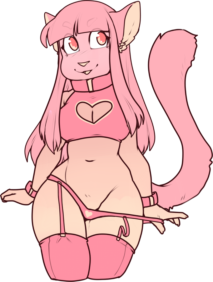 2016 alpha_channel anthro bangs biped bracelet breasts cleavage cleavage_cutout clothed clothing clothing_pull collar felid feline female garter_straps gui_(character) hair jewelry legwear mammal navel panties panty_pull pink_body pink_bracelet pink_clothing pink_collar pink_hair pink_legwear pink_panties pink_thigh_highs pink_topwear pink_underwear portrait simple_background solo thigh_highs three-quarter_portrait topwear transparent_background underwear underwear_pull zyira
