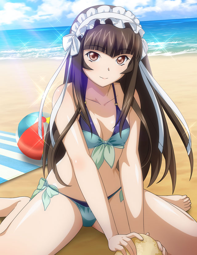 1girl ball bangs bare_arms bare_legs barefoot beach beachball bikini blue_sky blunt_bangs bow breasts brown_eyes brown_hair cleavage closed_mouth cloud collarbone day front-tie_bikini_top front-tie_top hair_bow hair_ribbon ikkitousen long_hair looking_at_viewer ocean outdoors ribbon shiny shiny_hair side-tie_bikini_bottom sitting sky small_breasts smile solo sparkle spread_legs swimsuit ten'i_(ikkitousen) two-tone_bikini very_long_hair wariza white_bow white_ribbon