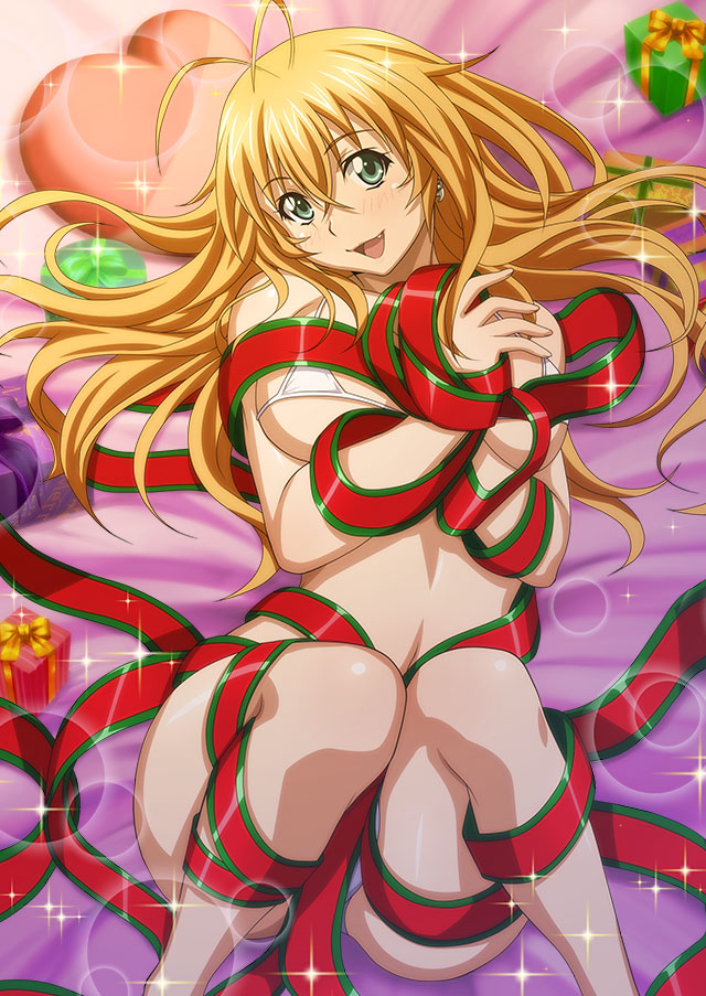 1girl :d bed_sheet bikini blonde_hair breasts earrings fang from_above green_eyes hair_intakes head_tilt heart heart_pillow ikkitousen jewelry large_breasts lens_flare long_hair looking_at_viewer lying magatama magatama_earrings on_back open_mouth pillow red_ribbon ribbon shiny shiny_hair smile solo sonsaku_hakufu sparkle straight_hair swimsuit underboob very_long_hair white_bikini
