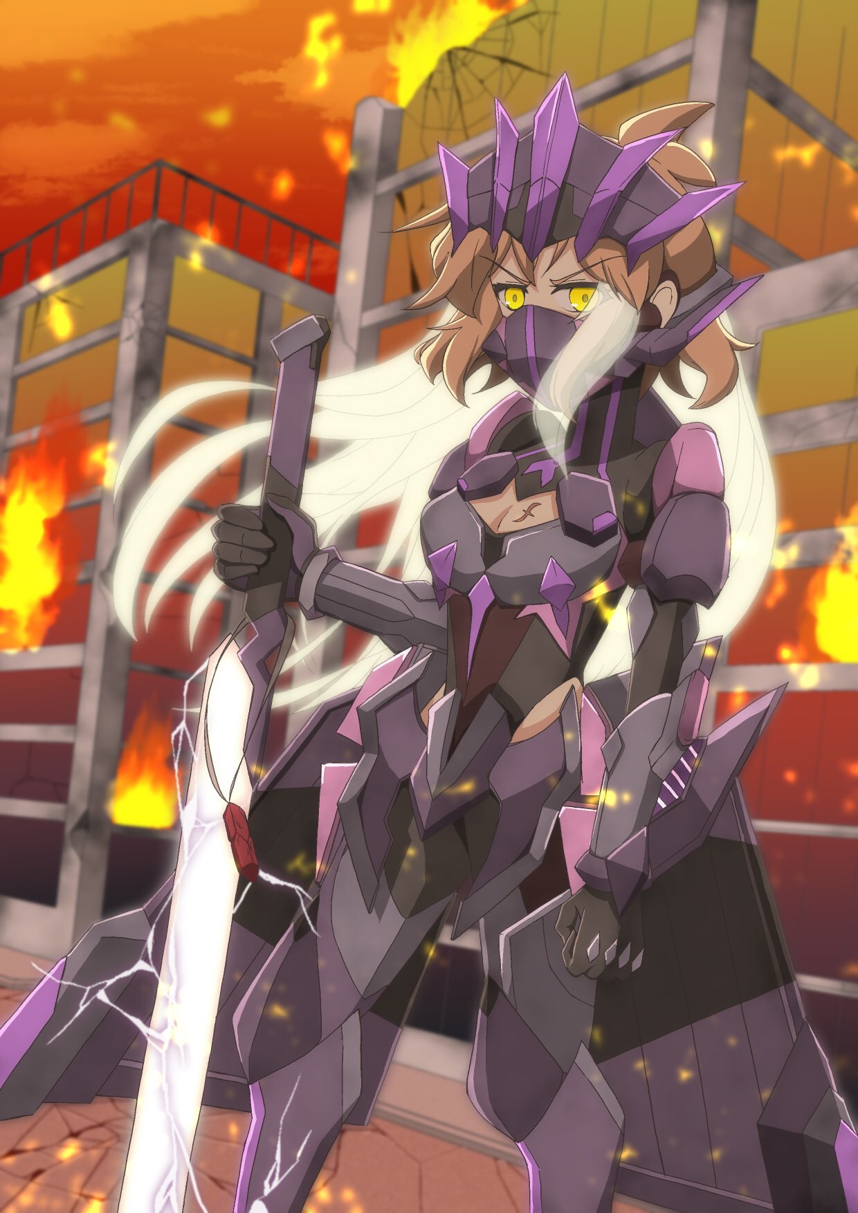 armor breasts brown_hair cleavage covered_mouth destruction fire headgear headphones highres holding holding_sword holding_weapon long_hair mi-cera scar scar_on_chest senki_zesshou_symphogear senki_zesshou_symphogear_xd_unlimited sword tachibana_hibiki_(symphogear) tachibana_hibiki_(symphogear)_(another) translucent_hair weapon