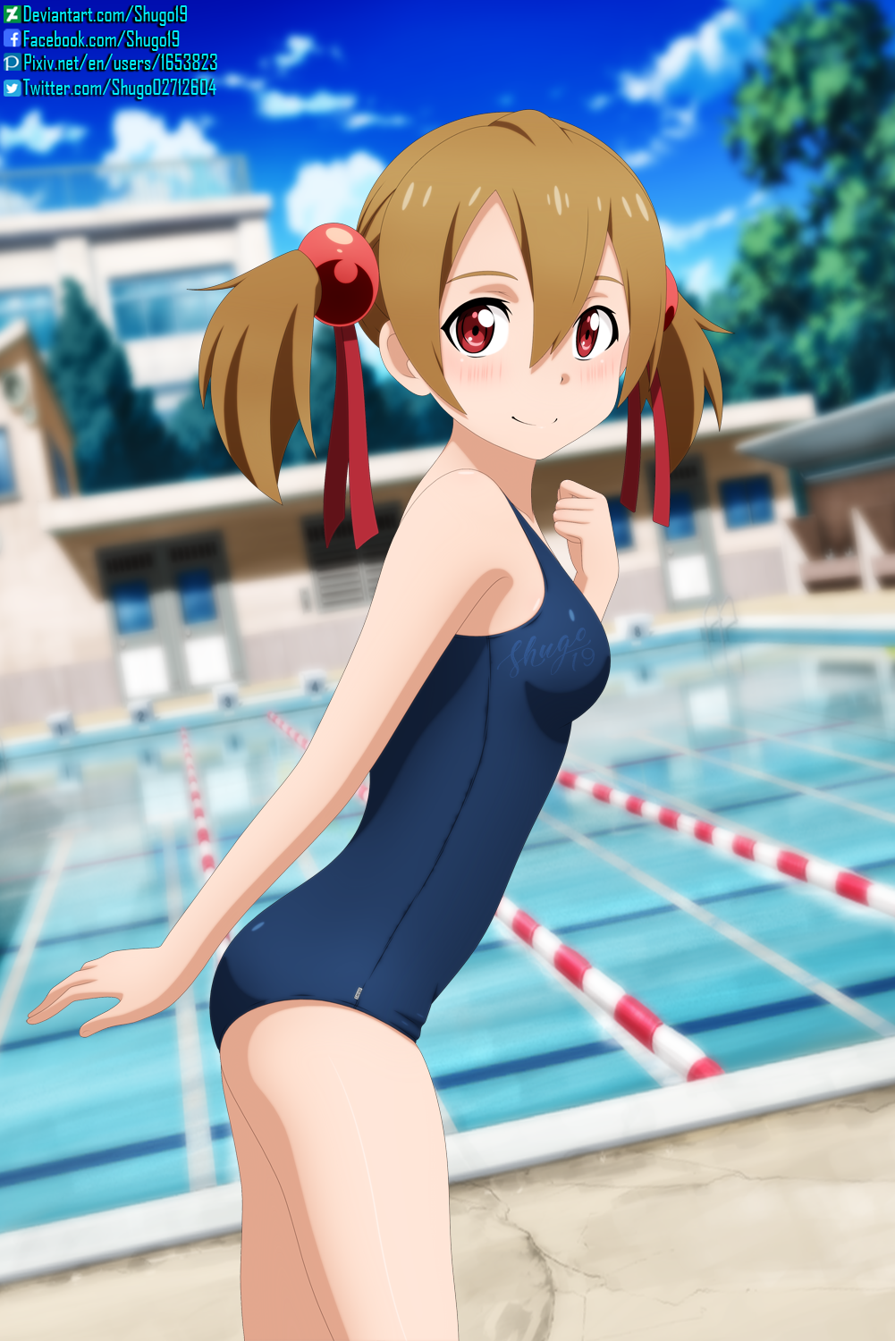 1girl bag bangs bare_arms blue_one-piece_swimsuit blue_sky blurry blurry_background blush breasts brown_hair closed_mouth cloud cowboy_shot day from_side hair_between_eyes hair_ribbon highres leaning_forward long_hair looking_at_viewer outdoors pool red_eyes red_ribbon ribbon school_swimsuit shiny shiny_hair shugo19 signature silica sky small_breasts smile solo standing swimsuit sword_art_online twintails