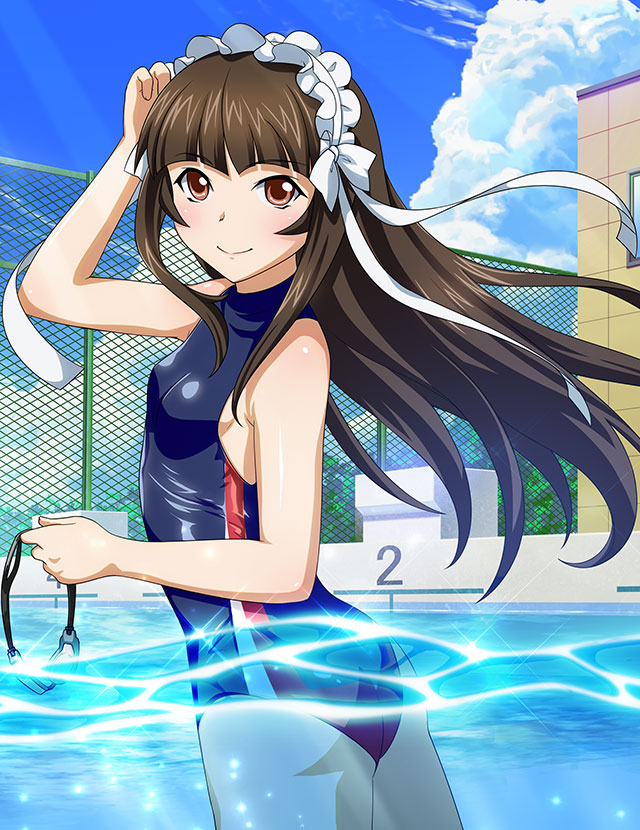 1girl arm_up bangs bare_arms black_one-piece_swimsuit blue_sky blunt_bangs bow breasts brown_eyes brown_hair closed_mouth competition_swimsuit day floating_hair hair_bow hair_ribbon ikkitousen long_hair looking_at_viewer one-piece_swimsuit outdoors partially_submerged pool ribbon shiny shiny_hair shiny_skin sideboob sky small_breasts smile solo sunlight swimsuit ten'i_(ikkitousen) very_long_hair white_bow white_ribbon