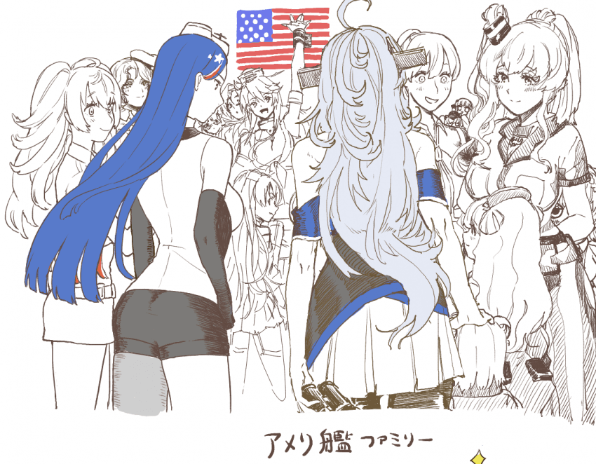 ahoge atlanta_(kancolle) bitchcraft123 blue_hair breasts colorado_(kancolle) fletcher_(kancolle) gambier_bay_(kancolle) gloves helena_(kancolle) hornet_(kancolle) houston_(kancolle) intrepid_(kancolle) iowa_(kancolle) jacket johnston_(kancolle) kantai_collection long_hair military military_uniform necktie non-web_source northampton_(kancolle) off_shoulder samuel_b._roberts_(kancolle) saratoga_(kancolle) skirt south_dakota_(kancolle) twintails uniform washington_(kancolle) white_background