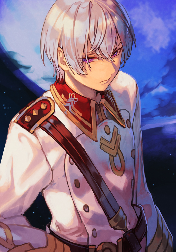 1boy bangs belt brown_belt epaulettes full_moon glaring gold_trim hand_on_hip hungry_clicker insignia jacket kakumeiki_valvrave l-elf looking_at_viewer military military_uniform moon night night_sky outdoors purple_eyes sky uniform upper_body white_hair white_jacket