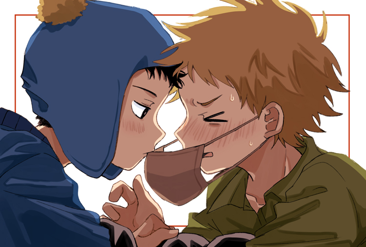 2boys arm_grab beanie black_hair blonde_hair close-up craig_tucker face-to-face fur_hat green_shirt hara1 hat looking_at_another male_focus mask messy_hair mouth_hold mouth_mask multiple_boys shirt short_hair south_park tweek_tweak white_background yaoi