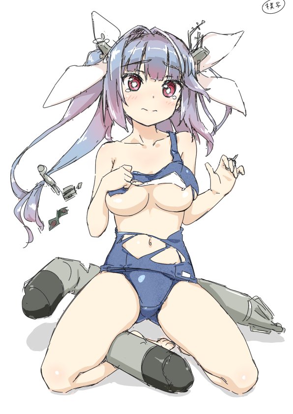1girl blue_hair blue_one-piece_swimsuit breasts closed_mouth crying full_body hair_intakes hair_ornament hair_ribbon i-19_(kancolle) kantai_collection large_breasts long_hair looking_at_viewer one-piece_swimsuit purple_eyes ribbon sakakibara_taiga school_swimsuit solo swimsuit torn_clothes torpedo white_background