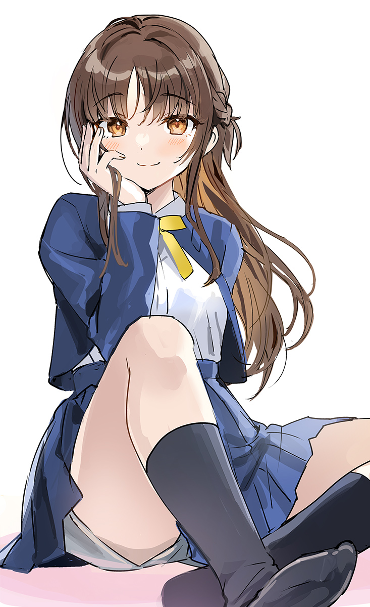 1girl bangs black_socks blue_jacket blue_skirt brown_eyes brown_hair commentary_request hand_on_own_cheek hand_on_own_face hand_up highres jacket knee_up long_hair long_sleeves looking_at_viewer neck_ribbon no_shoes original pleated_skirt ribbon school_uniform shirt shorts shorts_under_skirt sidelocks simple_background sitting skirt smile socks solo tan_(tangent) white_shirt yellow_ribbon