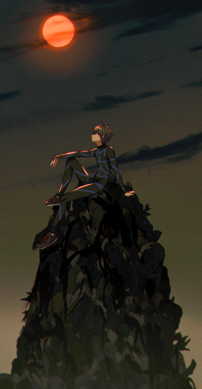 1boy arm_rest arm_support black_bodysuit black_hair blue_lock bodysuit closed_mouth cloud corpse covered_eyes from_side hair_over_eyes highres isagi_yoichi knee_up kotomeiro male_focus outdoors outstretched_arm pile_of_corpses profile shoes short_hair sitting sky sneakers solo sun symbolism twilight