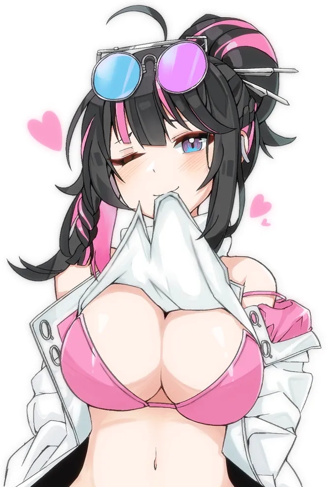 1girl ahoge bangs bare_shoulders black_hair blue_eyes blush bra breasts cleavage clothes_lift commentary_request eyewear_on_head girls'_frontline girls'_frontline_neural_cloud hair_bun hair_ornament heart korean_commentary lancer_(worudrleh1) large_breasts long_hair looking_at_viewer mouth_hold multicolored_hair navel off_shoulder one_eye_closed open_clothes pink_bra pink_hair purple_eyes shirt_lift simple_background smile solo sunglasses underwear upper_body vee_(girls'_frontline_nc) white_background