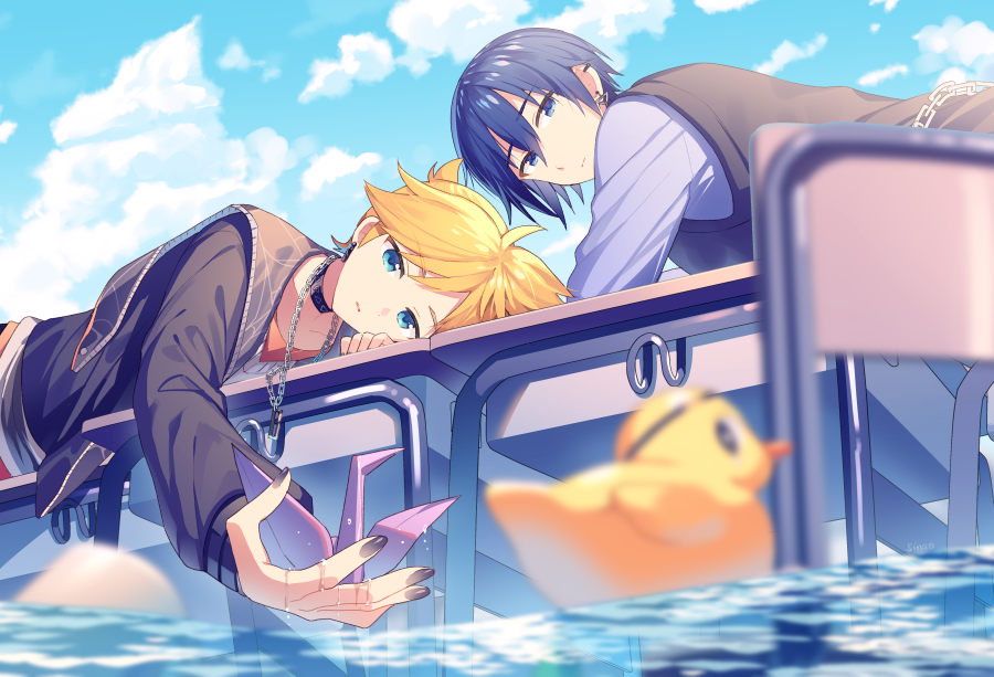 black_vest blonde_hair blue_eyes blue_hair blue_shirt chain_necklace chair cloud cloudy_sky desk flood frown jewelry kagamine_len kaito_(vocaloid) necklace open origami paper_crane rubber_duck school_chair school_desk shirt sinaooo sky vest vocaloid