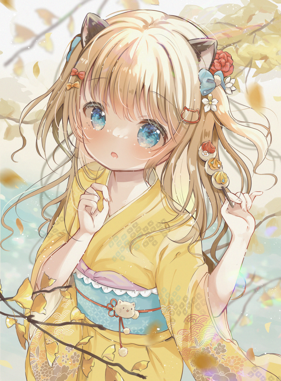 1girl animal_ears bangs blue_bow blue_eyes bow branch cat_ears commentary_request flower ginkgo_leaf hair_bow hair_flower hair_ornament hands_up highres holding japanese_clothes kimono leaf light_brown_hair long_hair long_sleeves looking_at_viewer obi open_mouth original red_flower rin_(fuwarin) sash solo two_side_up white_flower wide_sleeves yellow_kimono