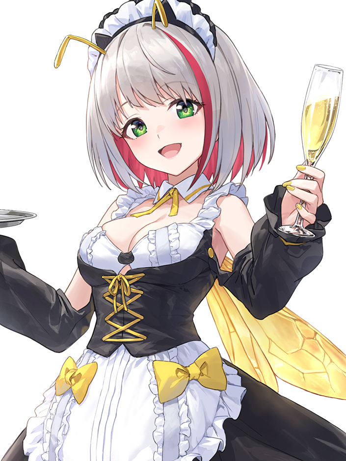 1girl :d alcohol antennae bee_wings breasts champagne champagne_flute colored_inner_hair commentary cup detached_collar detached_sleeves drinking_glass frills green_eyes grey_hair guchico indie_virtual_youtuber looking_at_viewer maid maid_headdress medium_breasts medium_hair mitsuzaki_aya_(character) multicolored_hair nail_polish open_mouth red_hair simple_background smile solo streaked_hair two-tone_hair virtual_youtuber white_background yellow_nails