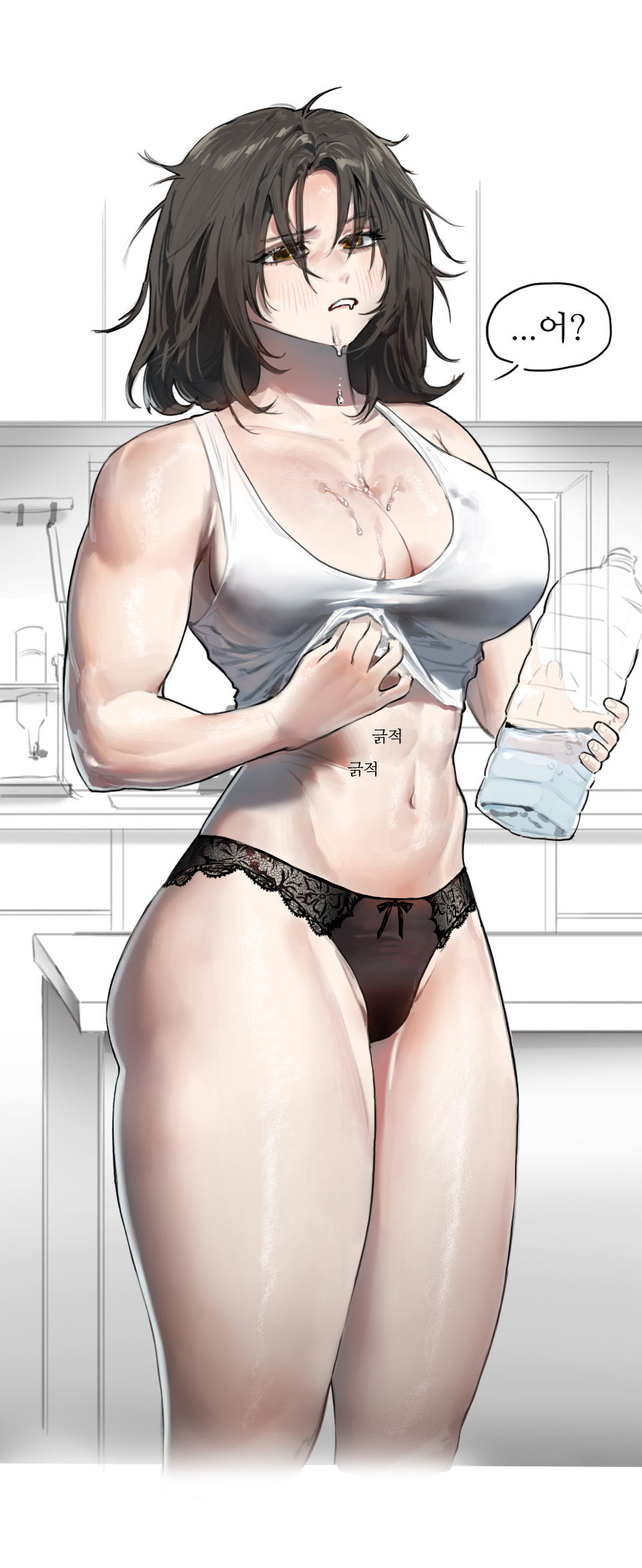 1girl abs black_hair black_panties bottle breasts brown_eyes cleavage feet_out_of_frame ghdwid highres holding holding_bottle indoors kitchen lace lace_panties large_breasts light_blush light_frown lingerie long_hair medium_hair messy_hair muscular muscular_female navel original panties partially_colored solo speech_bubble spill tall_female tank_top toned translation_request underwear water water_bottle white_tank_top