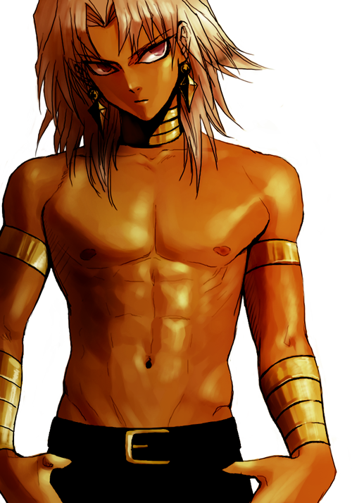 abs armband armbands blonde_hair chest dark_skin earrings jewelry male male_focus marik_ishtar muscle necklace nipples purple_eyes simple_background solo topless white_background wristband yu-gi-oh! yuu-gi-ou_duel_monsters