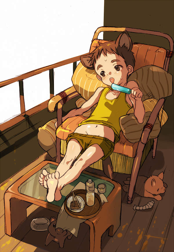 androgynous animal_ears animal_tail barefoot boy brown_eyes brown_hair chair child dog ice licking lying male male_focus navel pillow puppy rand rand_(artist) shirt short_hair shorts shorts_down shota solo table tail