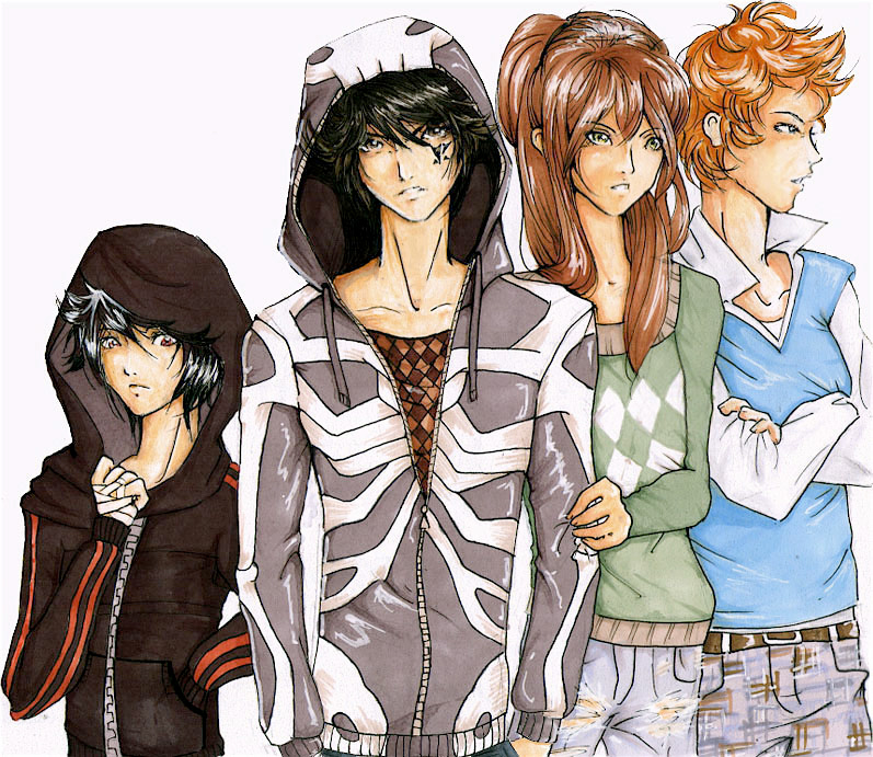 bandage bandages black_hair brown_eyes crossed_arms green_eyes hiei hood hoodie kurama kuwabara_kazuma long_hair male male_focus multiple_boys orange_hair red_eyes red_hair urameshi_yusuke yu_yu_hakusho yuu_yuu_hakusho