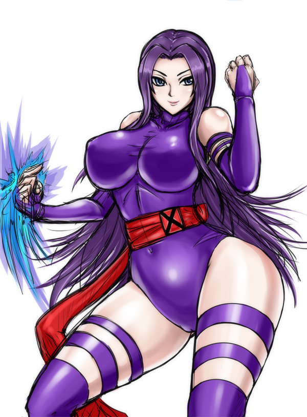 black_beat blue_eyes bodysuit breasts bridal_gauntlets catsuit curvy elbow_gloves female fingerless_gloves gloves large_breasts lealorg leotard long_hair marvel one-piece one-piece_swimsuit psylocke purple_hair sash skin_tight solo swimsuit thighhighs white_background x-men