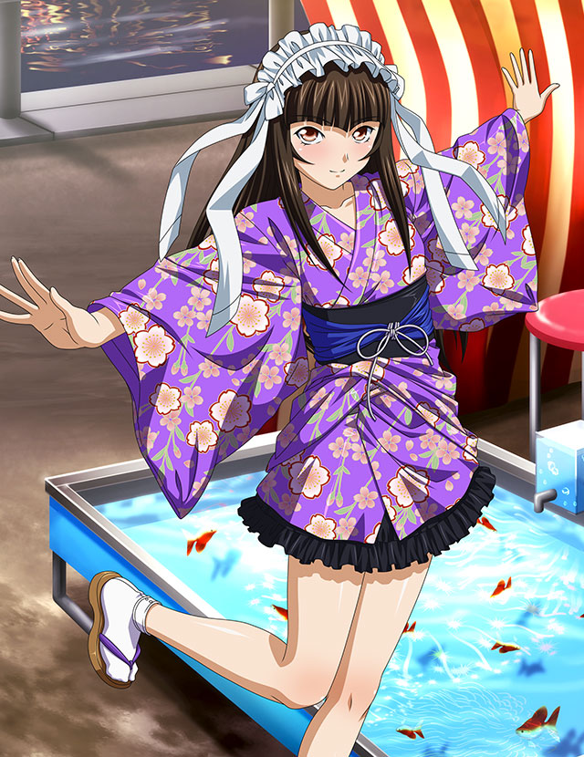 1girl bangs blunt_bangs bow brown_eyes brown_hair closed_mouth collarbone floral_print hair_bow hair_ribbon ikkitousen japanese_clothes kimono long_hair long_sleeves outstretched_arms print_kimono purple_kimono ribbon shiny shiny_hair shiny_skin short_kimono smile socks solo standing standing_on_one_leg tabi ten'i_(ikkitousen) white_bow white_ribbon white_socks wide_sleeves