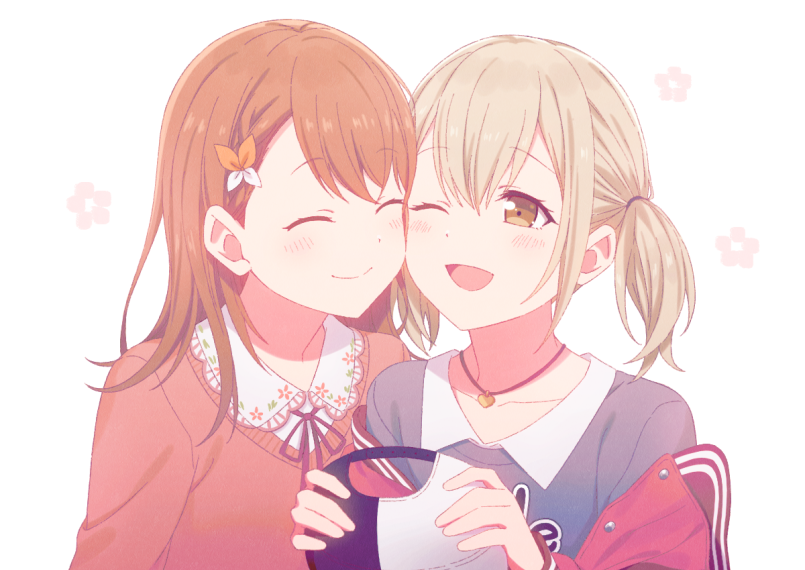 2girls azusawa_kohane bangs blonde_hair bow brown_eyes brown_hair closed_eyes closed_mouth collared_shirt dot_nose face_hug hair_bow hair_ornament hanasato_minori hat heart heart_necklace holding holding_clothes holding_hat jacket jewelry light_blush medium_hair multiple_girls necklace one_eye_closed open_mouth project_sekai shirt short_twintails simple_background smile swept_bangs twintails un403lucky yuri