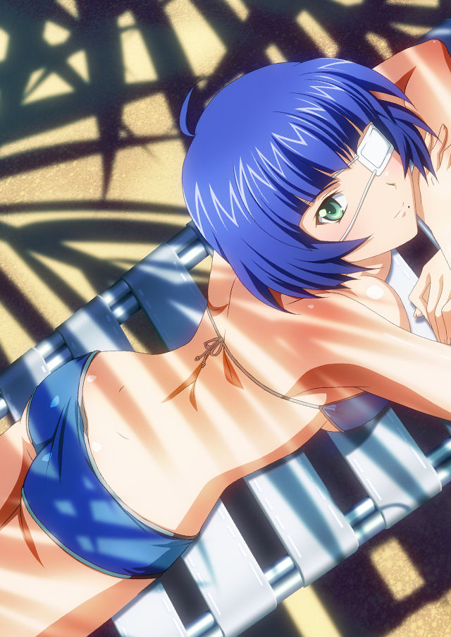 1girl bare_arms beach bikini blue_bikini blue_hair breasts cleavage closed_mouth eyepatch from_above green_eyes ikkitousen large_breasts looking_at_viewer lying mole mole_under_mouth on_stomach ryomou_shimei shiny shiny_hair short_hair shoulder_blades sideboob smile solo summer sunlight swimsuit