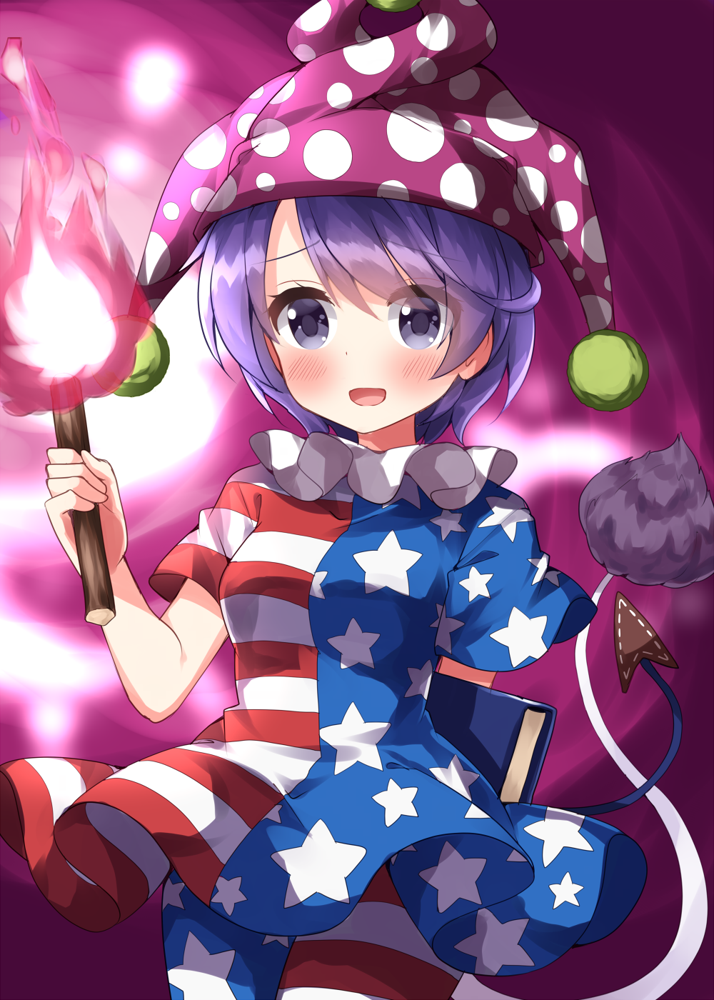 1girl american_flag_dress american_flag_legwear blue_eyes blue_hair blush clownpiece clownpiece_(cosplay) cosplay doremy_sweet dress fairy_wings hat highres holding holding_torch jester_cap open_mouth pantyhose pink_headwear polka_dot polka_dot_headwear ruu_(tksymkw) short_hair short_sleeves solo star_(symbol) star_print striped striped_dress striped_pantyhose tail tapir_tail torch touhou wings