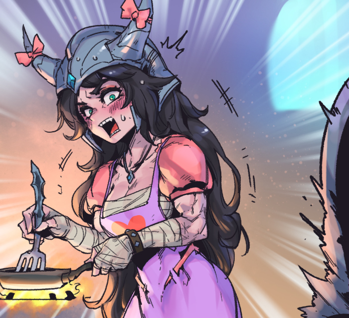 1girl :d bandaged_arm bandages bangs blush bow breasts brown_hair cleavage collarbone colorful cooking dress embarrassed emphasis_lines frying_pan genderswap genderswap_(mtf) green_eyes hat hat_bow heart heart_print helmet holding holding_frying_pan holding_spatula large_breasts league_of_legends long_hair muscular muscular_female open_mouth phantom_ix_row pink_bow pink_shirt puffy_short_sleeves puffy_sleeves purple_dress shiny shiny_clothes shiny_hair shirt short_sleeves smile solo_focus spatula sweatdrop teeth tryndamere