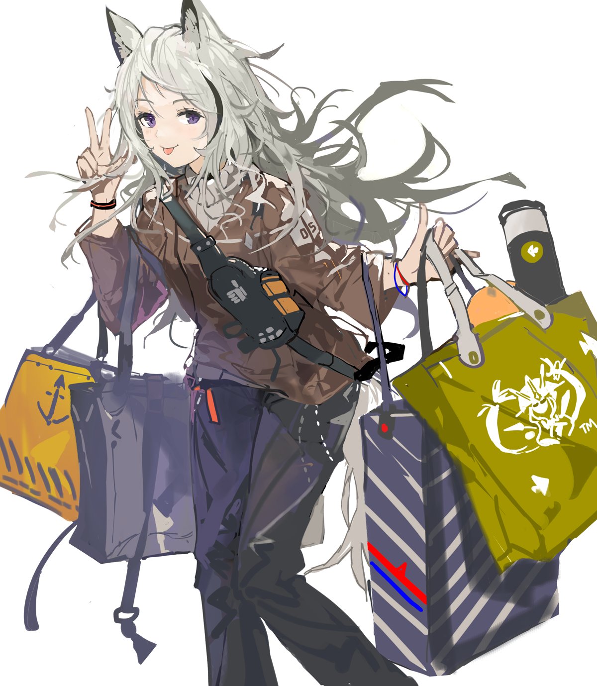 1girl :p alchemaniac animal_ears arknights bag black_pants brown_shirt feet_out_of_frame grani_(arknights) grey_hair hand_up highres holding holding_bag horse_ears horse_girl horse_tail long_hair long_sleeves pants purple_eyes shirt shopping_bag simple_background solo tail tongue tongue_out v white_background