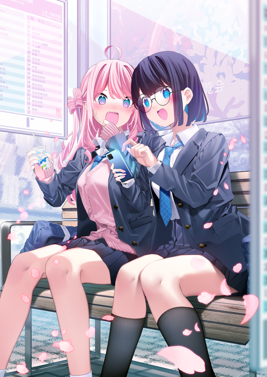 2girls :d ahoge bag bangs bendy_straw black-framed_eyewear black_hair black_jacket black_skirt black_socks blazer blue_eyes blue_hair blue_necktie blush cardigan cellphone chikuwa. collared_shirt commentary_request cup day disposable_cup drinking_straw feet_out_of_frame glasses highres holding holding_cup holding_phone jacket knees_together_feet_apart long_hair multicolored_hair multiple_girls necktie nose_blush on_bench open_clothes open_jacket original outdoors petals phone pink_cardigan pink_hair plaid_necktie pleated_skirt round_eyewear school_bag school_uniform shirt sitting skirt smile socks sweat two-tone_hair very_long_hair white_shirt white_socks