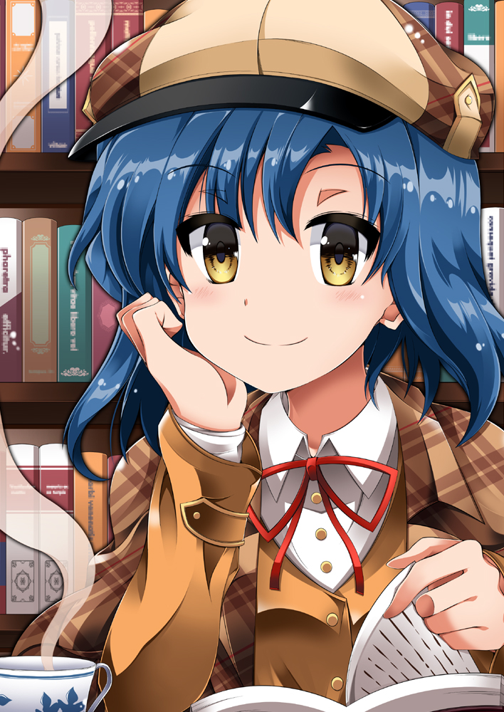 1girl bangs blue_hair book book_stack bow bowtie braid brown_headwear brown_vest buttons checkered_clothes checkered_jacket commentary cup detective hand_on_own_cheek hand_on_own_face hat idolmaster idolmaster_million_live! indoors jacket light_blush long_sleeves looking_at_viewer nanao_yuriko red_bow red_bowtie shirt short_hair smile solo steam tea teacup train_90 upper_body vest white_shirt yellow_eyes