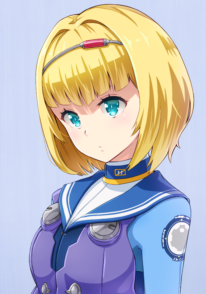 1girl aqua_eyes bangs blonde_hair blue_background blue_bodysuit blue_sailor_collar blunt_bangs bodysuit hairband heavy_object milinda_brantini military military_uniform parted_lips sailor_collar short_hair simple_background solo tomamatto uniform upper_body