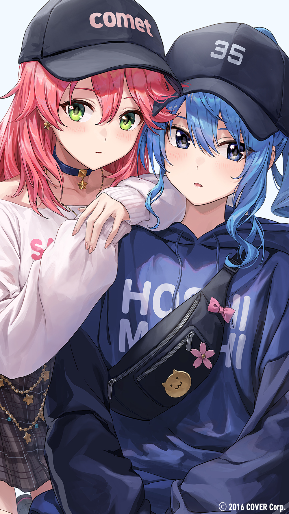 2girls bangs baseball_cap black_headwear blue_choker blue_eyes blue_hair choker clothes_writing collarbone commentary_request drawstring earrings eyes_visible_through_hair green_eyes guchico hair_between_eyes hat hat_writing highres hololive hood hood_down hoshimachi_suisei jewelry long_hair long_sleeves looking_at_viewer multiple_girls official_art parted_lips pink_hair plaid plaid_skirt ponytail sakura_miko skirt sleeves_past_wrists star_(symbol) star_earrings star_in_eye symbol_in_eye virtual_youtuber