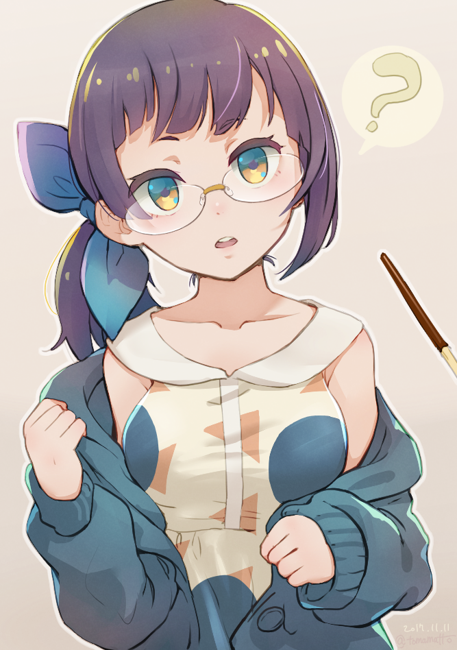 1girl ? bangs blue_cardigan blue_ribbon breasts cardigan dress food fujinami_(kancolle) glasses hair_ribbon kantai_collection looking_at_viewer medium_breasts off_shoulder official_alternate_costume open_cardigan open_clothes parted_lips pocky pocky_day purple_hair ribbon simple_background solo spoken_question_mark teeth tomamatto upper_teeth