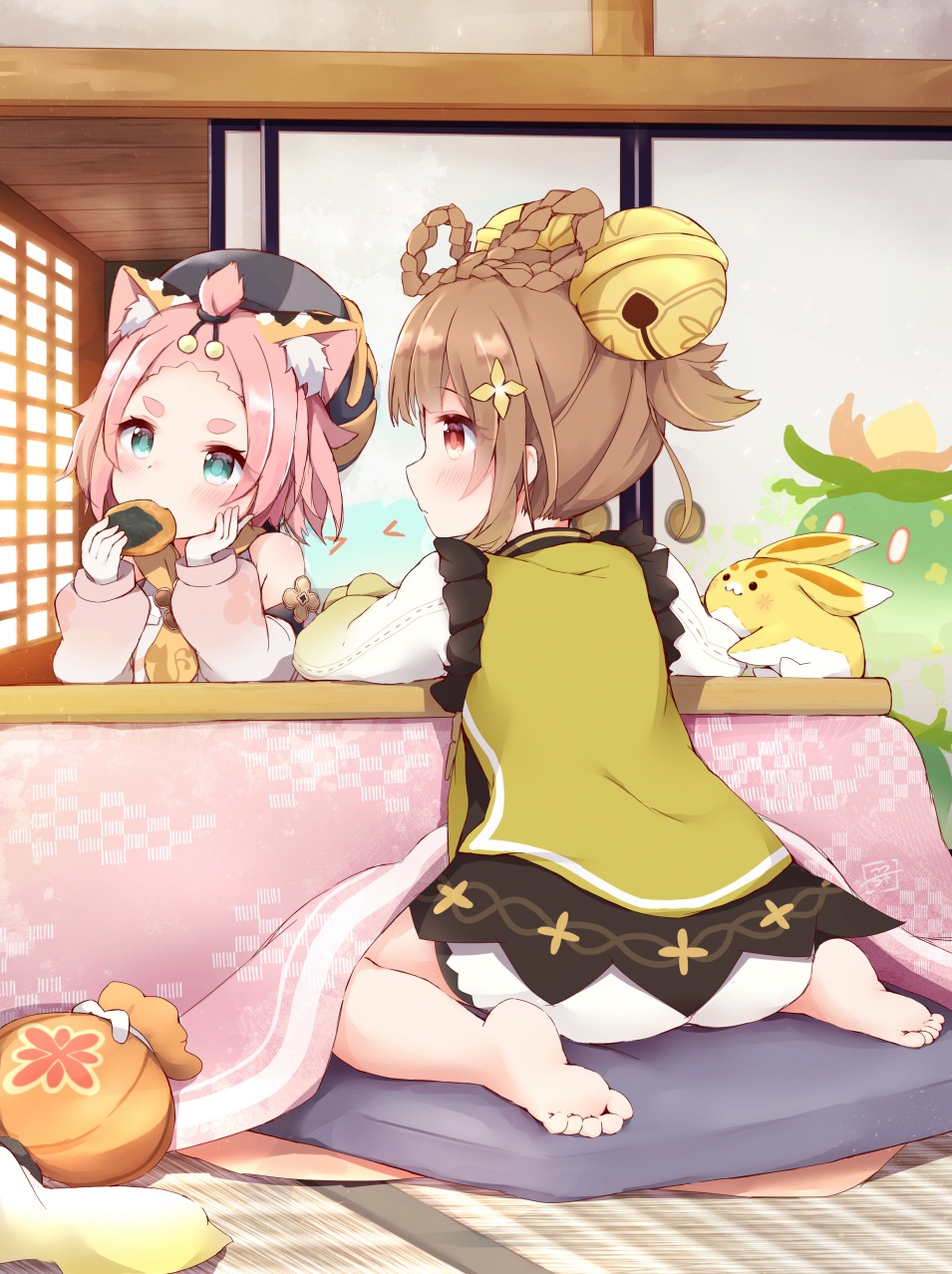 2girls animal_ear_fluff animal_ears aqua_eyes architecture bangs barefoot bell blush braid brown_hair cat_ears commentary_request diona_(genshin_impact) dress east_asian_architecture eating eyelashes feet food forehead frilled_shorts frills full_body genshin_impact green_dress hair_bell hair_ornament hair_rings hands_up hat head_rest head_tilt highres holding indoors kotatsu leaning_forward looking_to_the_side medium_hair multiple_girls parted_bangs pink_hair pink_shirt rabbit red_eyes senbei shiny shiny_hair shirt short_dress short_eyebrows short_shorts shorts sidelocks sitting sliding_doors soles table tatami thick_eyebrows toes tutsucha_illust wariza white_shorts yaoyao_(genshin_impact)