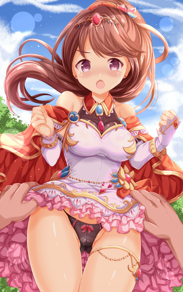 1boy 1girl ass_visible_through_thighs bangs bare_shoulders black_panties blue_sky blush bow bow_panties breasts brown_hair cameltoe cape clenched_hands clothes_lift cloud collared_dress commentary_request commission day detached_sleeves dress dress_lift floating_hair groin hands_up highres idolmaster idolmaster_cinderella_girls idolmaster_cinderella_girls_starlight_stage lifted_by_another long_sleeves looking_at_viewer medium_breasts out_of_frame outdoors panties ponytail purple_eyes red_cape shiina_noriko skeb_commission sky sleeveless sleeveless_dress sleeves_past_wrists solo_focus thigh_gap tiara underwear v-shaped_eyebrows white_dress white_sleeves zenon_(for_achieve)