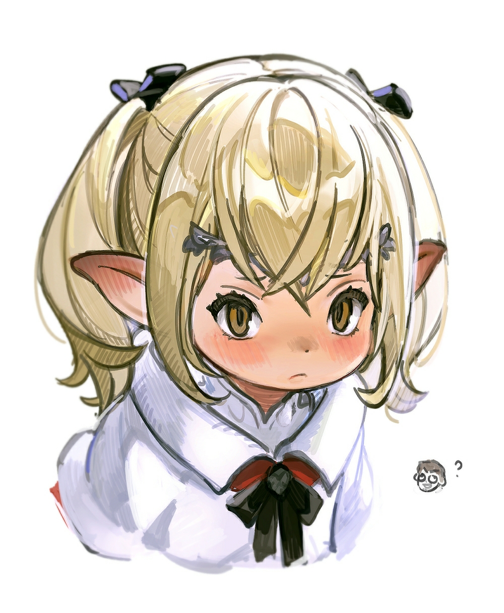 1girl ? ardbert_(ff14) bangs blonde_hair blush bow brown_eyes capelet chibi chibi_inset circle cropped_torso crossed_bangs final_fantasy final_fantasy_xiv frown fur-trimmed_capelet fur_trim hair_bow highres lalafell lamitt looking_at_viewer neck_ribbon pointy_ears portrait ribbon short_hair simple_background solo twintails white_background white_capelet wuliu_heihuo
