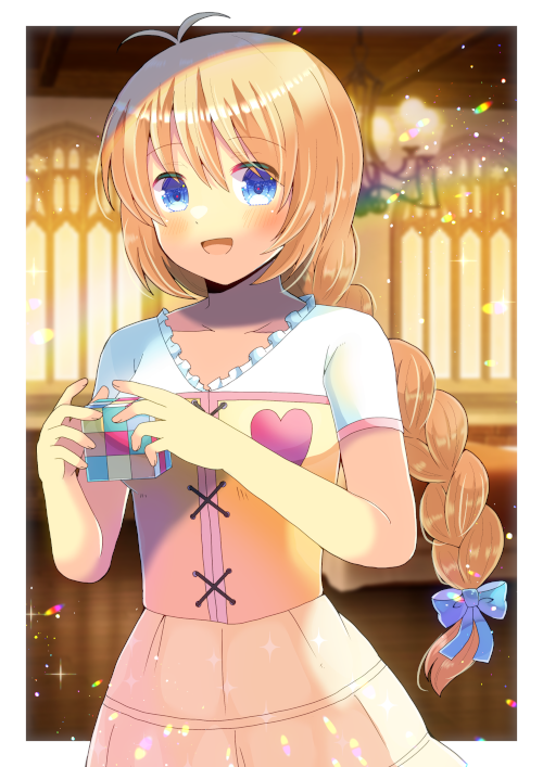 1girl :d antenna_hair bangs blonde_hair blue_bow blue_eyes blurry blurry_background bow braid collarbone commentary_request commission depth_of_field dress frilled_shirt frills hair_between_eyes hair_bow holding kou_hiyoyo long_hair looking_at_viewer rubik's_cube shirt short_sleeves single_braid skeb_commission smile solo sophitia_alexandra soulcalibur very_long_hair white_shirt yellow_dress