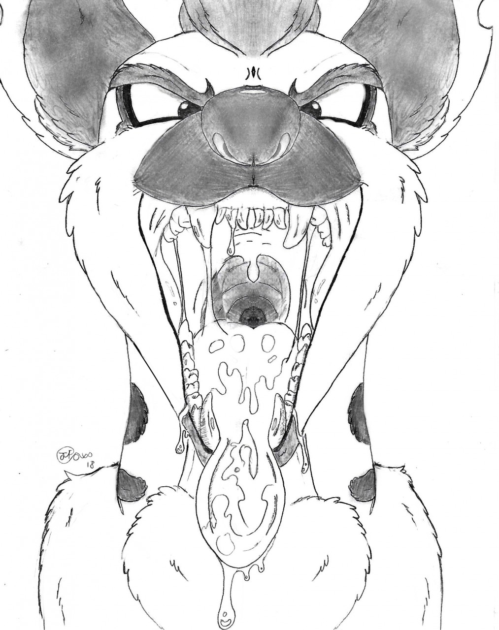 2018 bodily_fluids disney drooling fangs feral fur headshot_portrait hi_res hyaenid imminent_vore inner_ear_fluff janja jimfoxx looking_at_viewer male mammal mouth_shot narrowed_eyes notched_ear nude open_mouth portrait saliva saliva_on_tongue saliva_string signature solo teeth the_lion_guard the_lion_king tongue tongue_out tuft