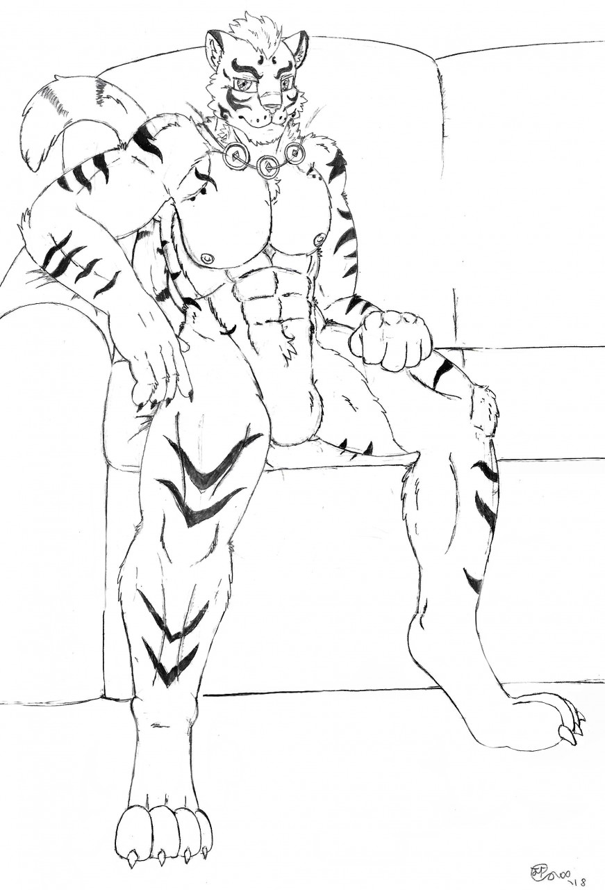 2018 abs anthro claws featureless_crotch felid fur furniture hair half-closed_eyes hi_res inner_ear_fluff jewelry jimfoxx lin_hu looking_at_viewer male mammal mouth_closed narrowed_eyes necklace necklace_only nekojishi nipples nude on_sofa pantherine paws pecs raised_tail signature sitting sitting_on_sofa sofa solo spread_legs spreading studio_klondike tiger toe_claws tuft video_games visual_novel