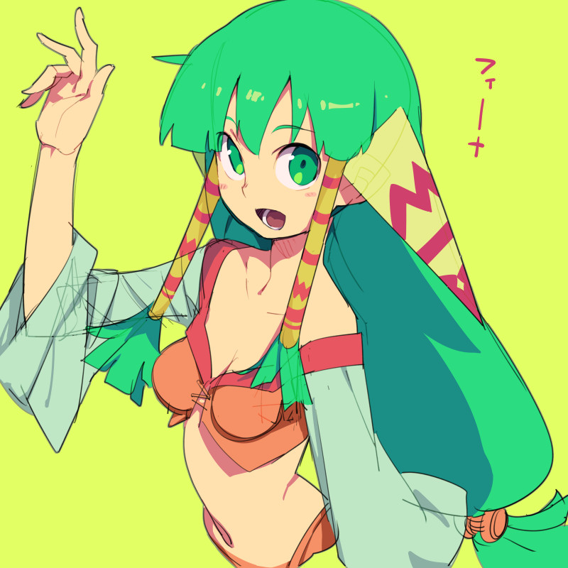 1girl bangs blunt_bangs blush breasts feena_(grandia) grandia grandia_i green_eyes green_hair hair_tubes long_hair looking_at_viewer medium_breasts metata navel open_mouth simple_background smile solo upper_body wide_sleeves