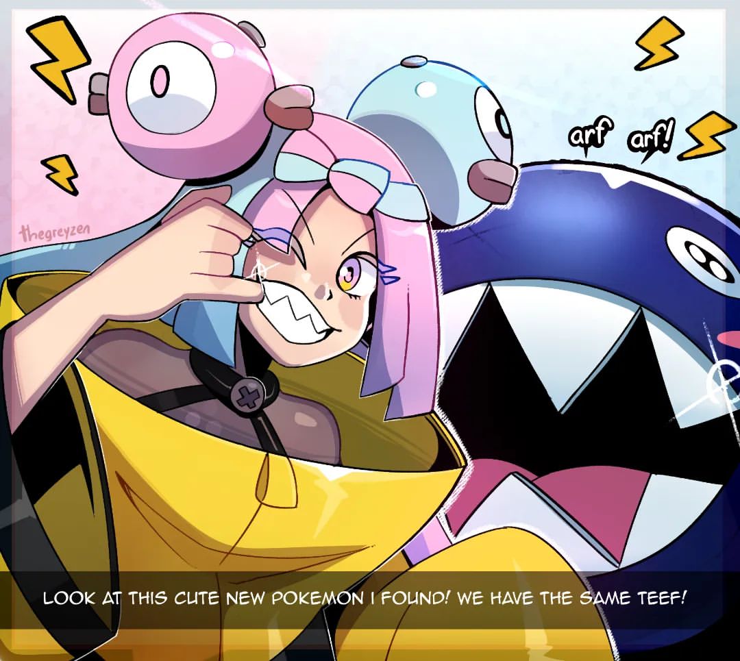 1girl blue_hair blush_stickers chain_chomp coat english_text iono_(pokemon) lightning_bolt_symbol long_hair magnemite mario_(series) pink_eyes pink_hair pokemon pokemon_(game) pokemon_sv selfie sharp_teeth smile teeth thegreyzen trait_connection yellow_coat