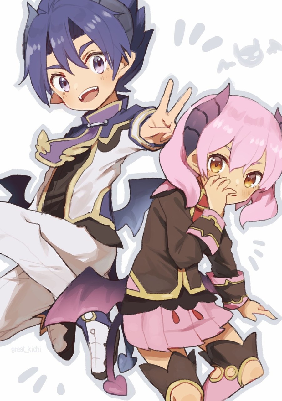 1boy 1girl artist_name blue_hair brown_shirt collared_shirt demon_boy demon_girl demon_tail demon_wings great_kichi hand_on_own_face highres horns kneehighs low_wings mini_wings open_mouth pants pink_skirt pointy_ears pop-up_story purple_eyes revia_serge shirt simple_background skirt socks st._feles_gakuen_uniform tail teeth upper_teeth v white_background white_footwear white_pants wings ziz_glover